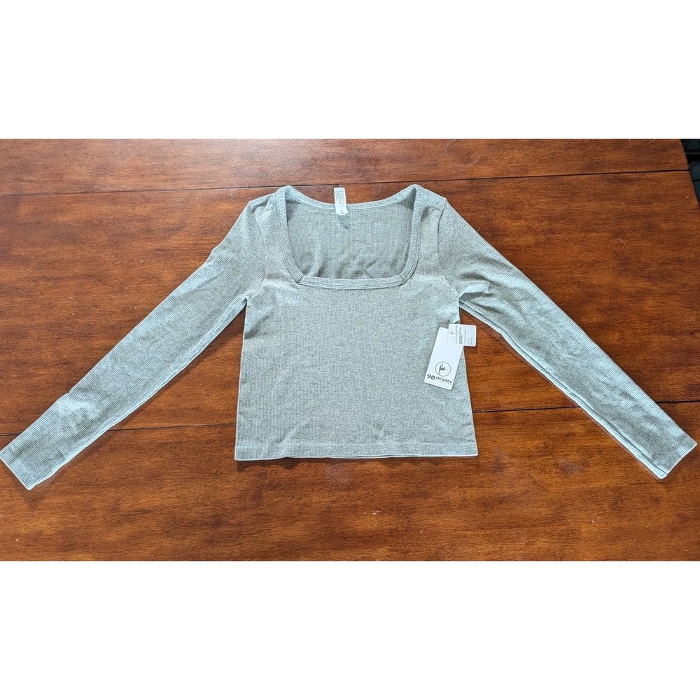 90 Degree Leighton Women's Gray Square-Neck Seamless Ribbed Long-Sleeve Top Sz L